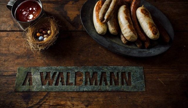 Waldmann Brewery’s handmade sausages, beer, a nest full of antique marbles, and the original metal stencil found on the premises.