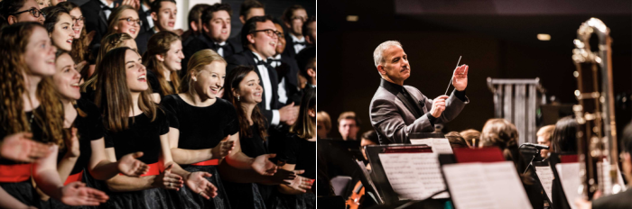 students singing and conductor at orchestra hall